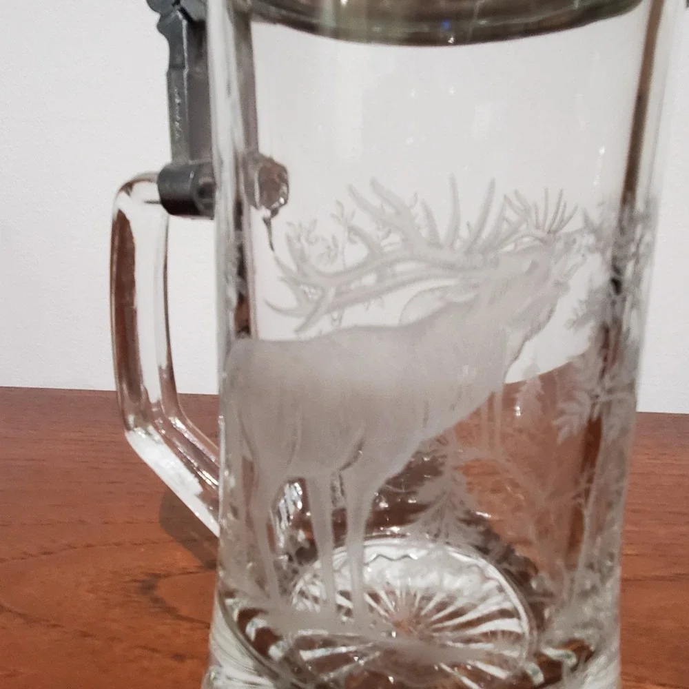 Vintage ALWE Etched Glass Beer Stein Marked W. Germany Pewter Lid Deer Elk Trees